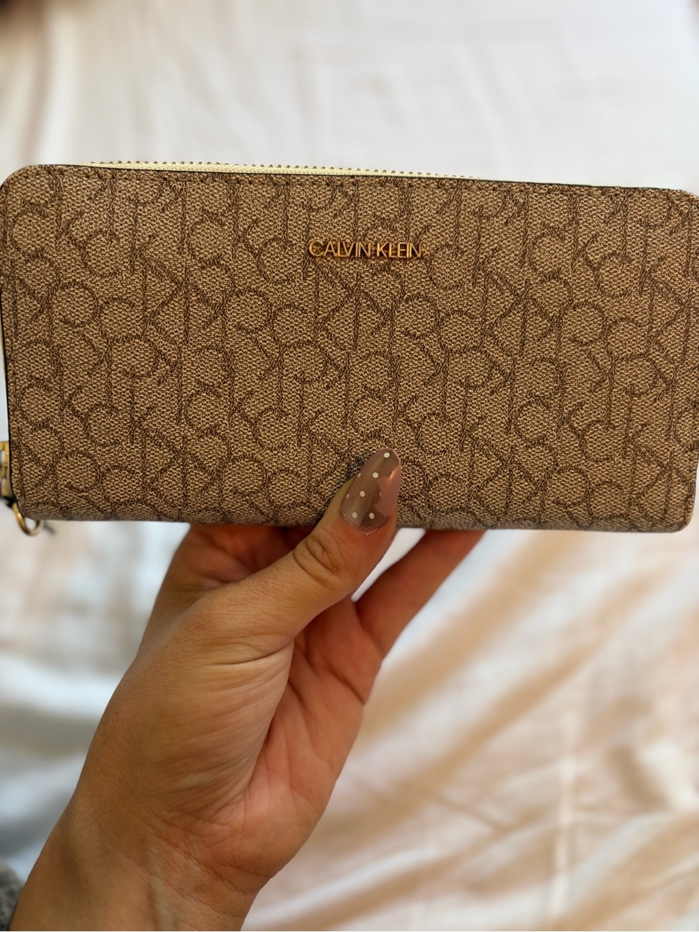 Calvin Klein Brown CK Monogram Zip Around Continental Wallet Gold Tone